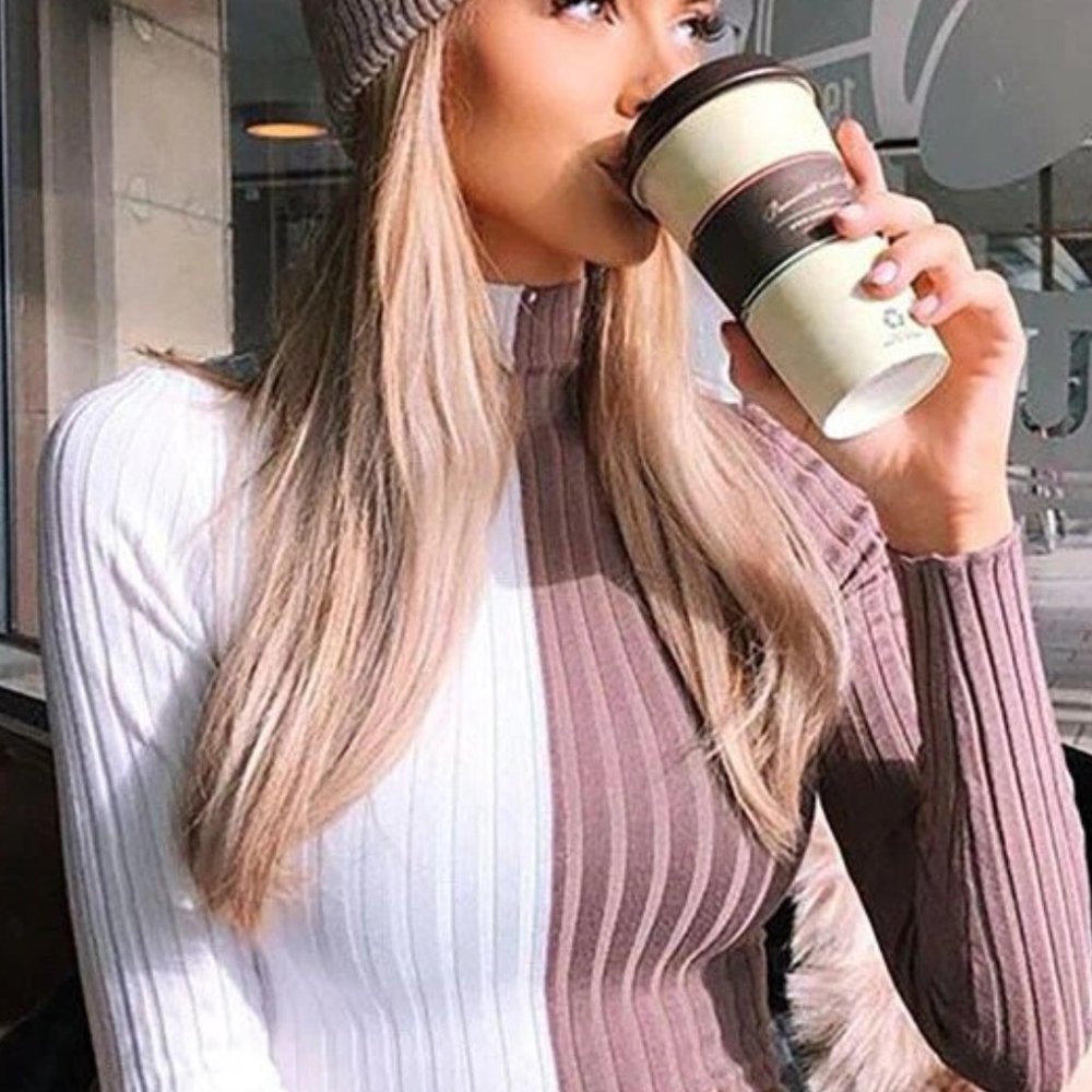 COPY - Mauve/White Colorblock Turtleneck Pullover